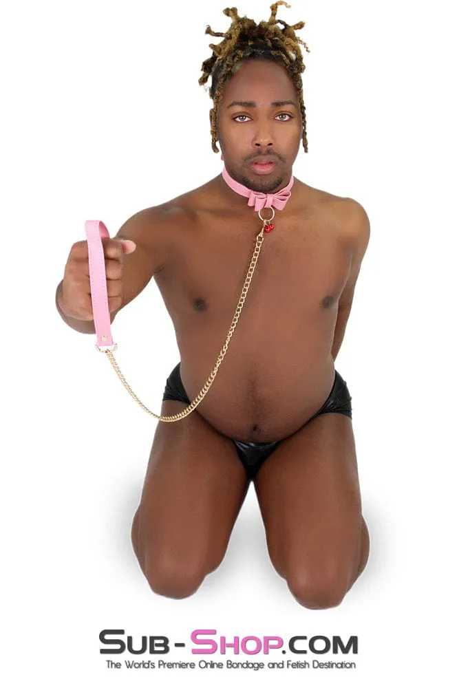 7337M-SIS      Precious Sissy Boi Accessory Pet Bow Bondage Slave Collar with Bell and Gold Fetish Mistress Chain Leash