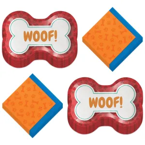 Dog Party Supplies - Dog Bone Shaped "Woof" Paper Dessert Plates and Beverage Napkins (Serves 16)