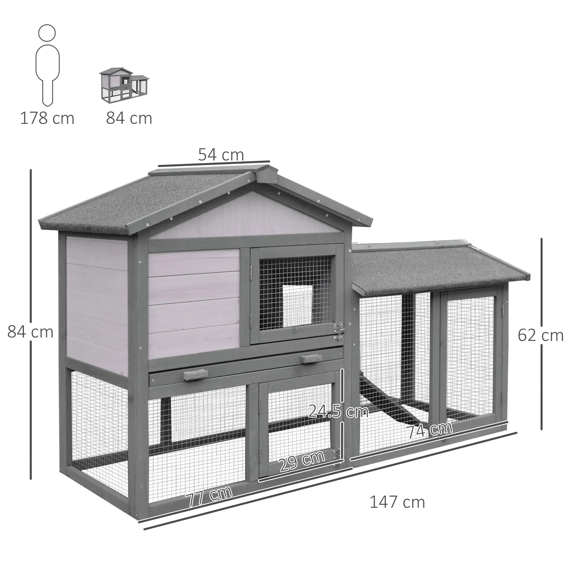 Wooden Double Tier Rabbit Guinea Pig Hutch Small Animal House Water Resistant Roof Ramp 147 x 54 x 84 cm